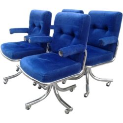 SOLD Chrome Swivel Arm Chairs Vintage Three Available Blue Desk Dining Hollywood Regency