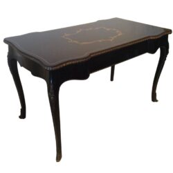 SOLD Desk Ormolu Black and Gold Vintage French Writing Brass Curves Wood Ornate