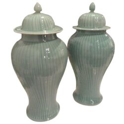SOLD Pair Ginger Jars Mint Green Celedon Faux Bamboo Pattern Hollywood Regency
