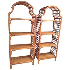 SOLD Pair Rattan Pagoda Etageres Wicker Bamboo Shelves Tropical Palm Beach Shelf