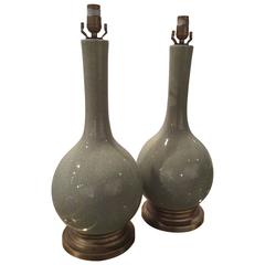 SOLD Pair Crackle Glaze Celedon Green Table Lamps Vintage Hollywood Regency
