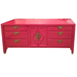Lacquered Pink Dresser Credenza Sideboard Buffet Brass Hollywood Regency Vintage