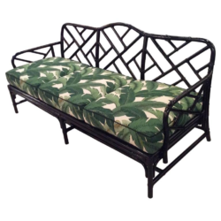 SOLD Rattan Chinese Chippendale Sofa Newly Lacquered and Upholstered Tropical Leaf