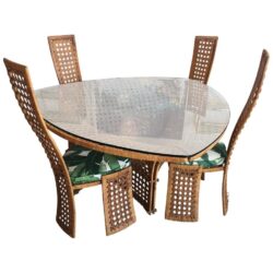 SOLD Danny Ho Fong Dining Table Set and Four Side Chairs Rattan Wicker Vintage Bamboo