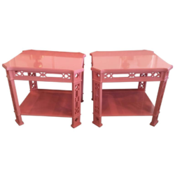 SOLD Pair of Coral Pink End Side Tables Lacquered Fretwork Fret Chinese Chippendale