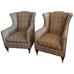 SOLD Pair of Wingback Animal Print Brass Nailhead Club Lounge Armchairs by Henredon