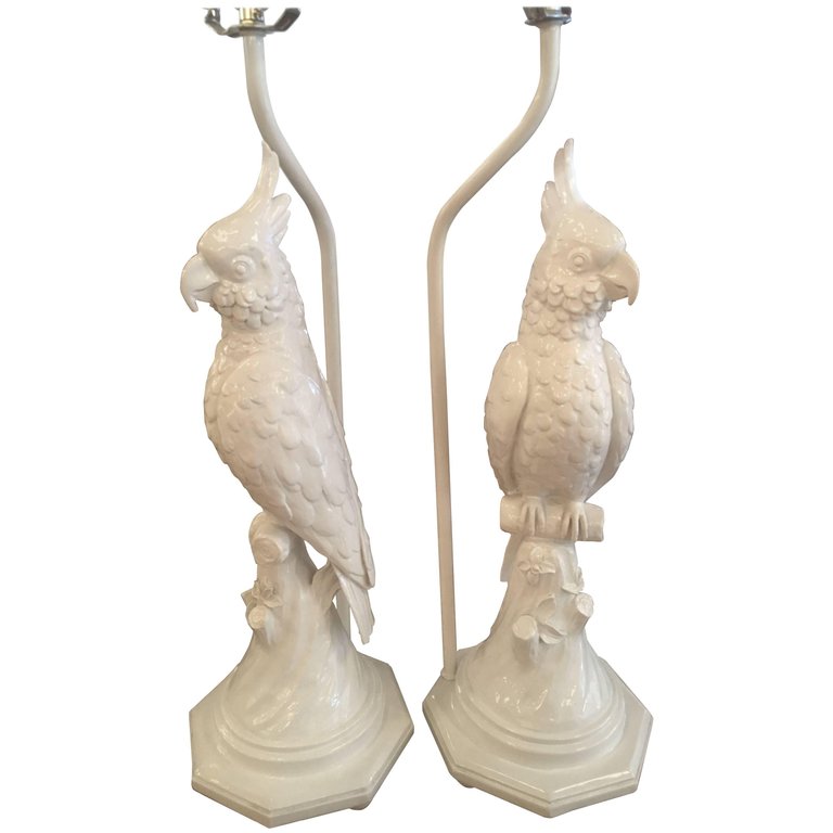 Sold Pair Of Vintage White Tropical, Tropical Parrot Floor Lamp