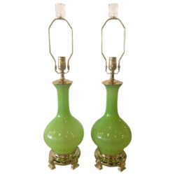 SOLD Vintage Paul Hanson Pair of Apple Green Opaline Glass Brass Table Lamps