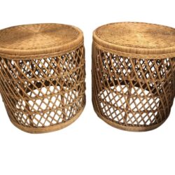 SOLD Vintage Pair of Rattan Wicker Drum Stools Ottomans End Side Tables
