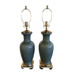 SOLD Vintage Chinoiserie Pair of Green Crackle Pagoda Top Brass Table Lamps