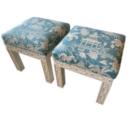 SOLD Vintage Pair of Lacquered Fretwork Fret Upholstered Chinoiserie Benches Stools