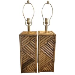 SOLD Vintage Pair of Rattan Table Lamps Tropical Brass Hardware Rewired Restored