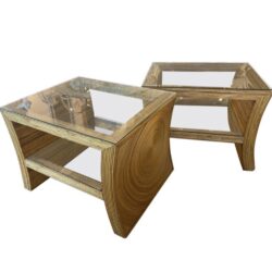 SOLD Vintage Pair of Pencil Reed Bamboo End Side Table Double Glass Shelf