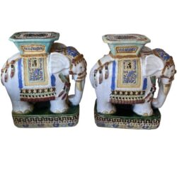 SOLD Vintage Pair Large Glazed Elephant Garden Stools Stands Drink Tables Seats
