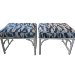 SOLD Vintage Pair of Rattan Bamboo White Lacquered Upholstered Blue Benches Stools