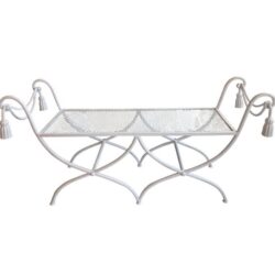 SOLD Vintage White Metal Italian Tole Tassel Bench, Newly Restored Indoor or Outdoor