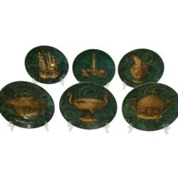 SOLD Vintage 1955 Piero Fornasetti Set of 6 Malachite Green & Gold 10" Plates