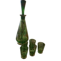 SOLD Vintage Green Glass Decanter with Stopper & 5 Shot Drinking Glasses