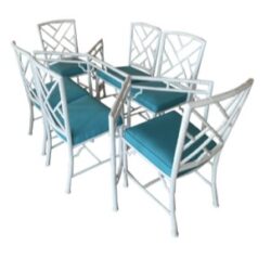 SOLD Faux Bamboo Metal 7 Pc Patio Dining Table & Chairs Upholstered & Powder-Coated