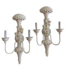 SOLD Vintage Pair of Palm Beach Monkey Palm Tree Frond Wall Light Sconces Lacquered