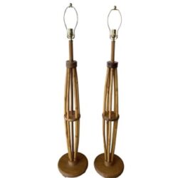 SOLD Vintage Pair Mid Century Modern Rattan Floor Lamps Newly Wired Brass Hardware