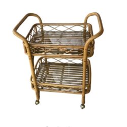 SOLD Vintage Rattan Bar Cart With 2 Glass Shelves