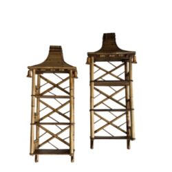 SOLD Vintage Pair Pagoda Chinese Chippendale Rattan Reed Bells Wall Shelves Etageres