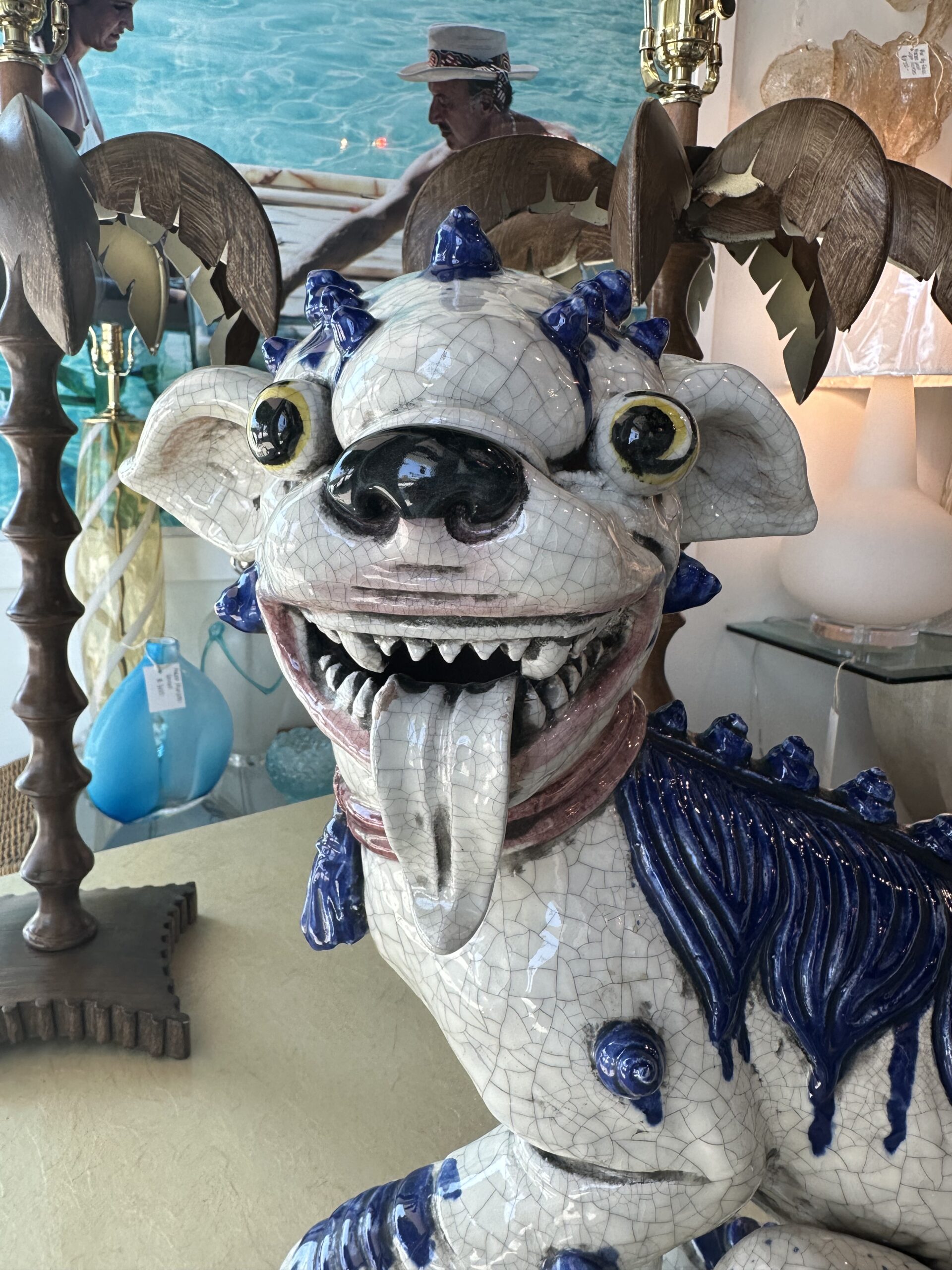 Vintage Oriental Blue & White Large Foo Dog Terracotta Porcelain