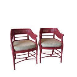 SOLD Pair of Vintage Baker Faux Bamboo Barrel Arm Chairs