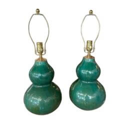 SOLD Vintage Pair Gourd Green Crackle Glaze Porcelain Table Lamps Newly Wired Brass