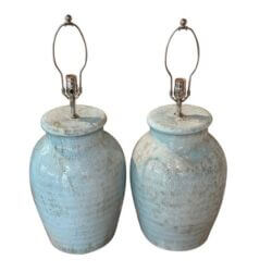 SOLD Vintage Pair Pottery Terra Cotta Crackle Glaze  Green Table Lamps Newly Wired