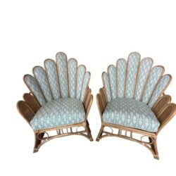 SOLD Vintage Pair of Peacock Fan Back Rattan Wicker Newly Upholstered Chairs