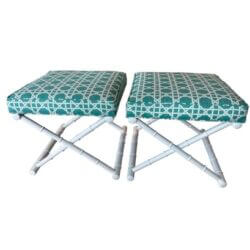 Vintage Pair X Benches Faux Bamboo Metal Patio Newly Upholstered & Powder-coated