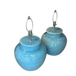 Vintage Pair Pottery Terra Cotta Crackle Glaze Turquoise Table Lamps Newly Wired