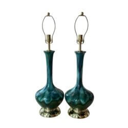 Vintage Pair 1960s Drip Glaze Blue Green Table Lamps Newly Wired Brass Bases