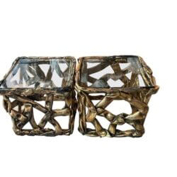 SOLD Vintage Modern Pair Gold 1970s Acrylic Stanley Ribbon Side End Drink Tables