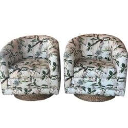 SOLD Vintage Pair of Newly Upholstered Botanical Bird Swivel Chairs Seagrass Base