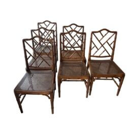 SOLD Vintage Set of 6 Faux Bamboo Chinese Chippendale Wood Side Dining Chairs