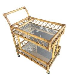 SOLD Vintage Rattan Bamboo Serving Bar Cart Two Tier Italian Mirror & Brass Castors