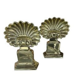 SOLD Polished Brass Pair Palm Beach Seashell Scalloped Shell Fireplace Andirons