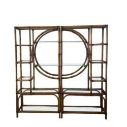 1970s Palm Beach Circle Rattan Bamboo New Glass Shelves Etagere Pair Shelf