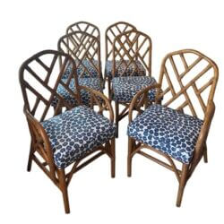 SOLD Vintage Set of 6 Rattan Chinese Chippendale Dining Chairs Newly Upholstered Blue