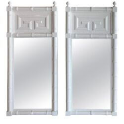 SOLD Vintage Pair Wood Faux Bamboo Greek Key White Newly Lacquered Wall Mirrors