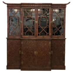 1950s Maitland & Glascoe Woven Faux Bamboo Rattan Mahogany Pagoda China Cabinet