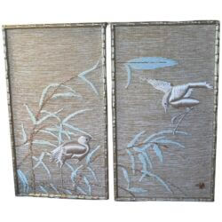 SOLD Don Freedman Pair Wall Tapestry Framed Bamboo Woven Textile Silk Art Pink Birds