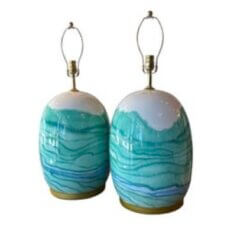 Vintage Pair Ceramic Watercolor Blue Green Modern Coastal Table Lamps Rewired