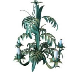 Vintage Tropical Green Metal Tole Palm Beach Leaf Tree Chandelier 5 Light Coastal