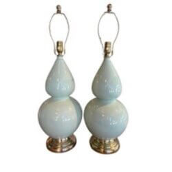 Vintage Mint Green Ceramic Gourd Shape Table Lamps Newly Wired & Brass Hardware