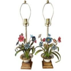 Italian Chippy Paint Patina Tole Metal Urn Floral Flower Table Lamps New Wiring