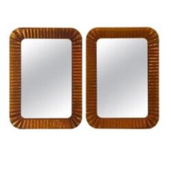 Vintage Italian Glass Pair of Orange Scalloped Wavy Wall Mirrors by Linea Vetro